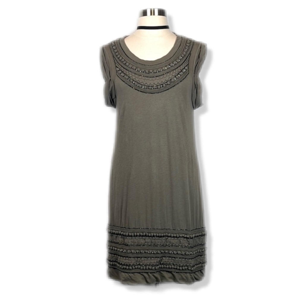 3.1 Phillip Lim Boho Taupe Beaded Embellished Short Sleeve Cotton Midi Dress S